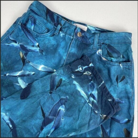 NWT Zara Blue Straight Leg Pants with Fish Pattern - Picture 2 of 10